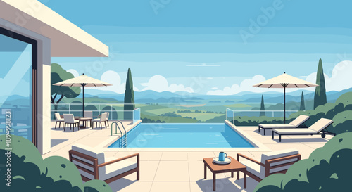 Modern villa with infinity pool overlooking rolling hills and serene landscape