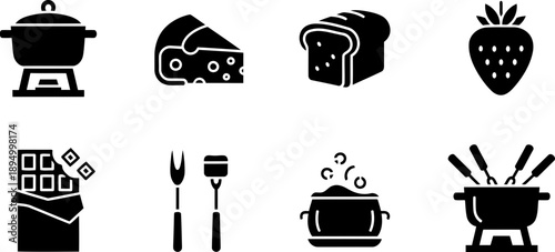 National Fondue Month icon collection with cheese, chocolate and fruit