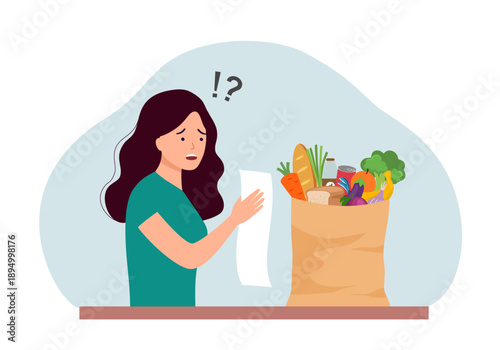 Woman with bag or groceries shocked by expenses in supermarket. Amazed female surprised with prices on food and products in shop vector illustration.