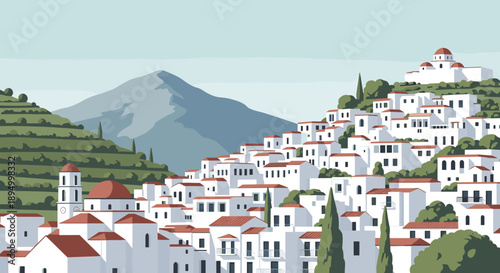 Charming Mediterranean village with white houses cascading down a hillside towards the sea