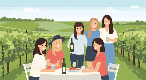 Group of women enjoying wine tasting at a vineyard during a sunny day
