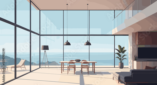 Modern luxury villa with expansive windows overlooking the ocean and serene landscape