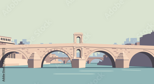 Minimalist illustration of a stone bridge with arches spanning a calm river in a city