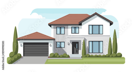 Modern two-story house with attached garage and manicured landscaping