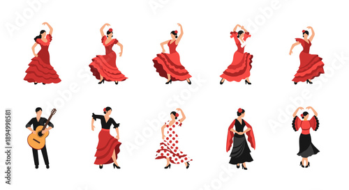 Collection of flamenco dancers and a guitarist in various poses and outfits