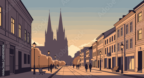 European city street with cathedral spires and historic buildings at sunset