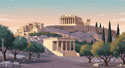 Ancient Greek Acropolis with Parthenon and olive trees at sunset