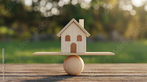 Wooden house on a balance scale symbolizing real estate investment stability and home ownership concept.
