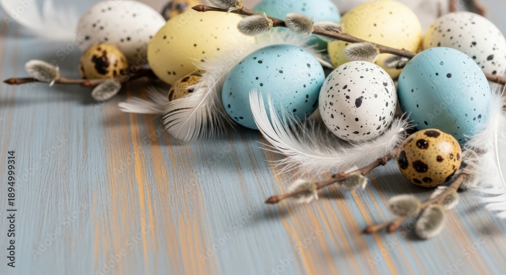 Obraz premium Easter sunday day celebration with colorful eggs and feathers