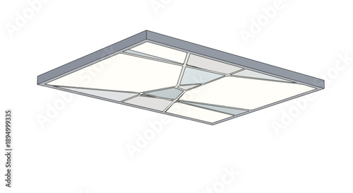 Close-up of a modern, square, drop ceiling light fixture with a silver frame and white panels against a plain white background.