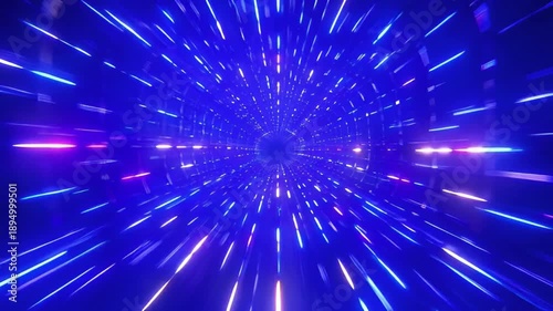 Accelerating through a vibrant blue light tunnel made of thin glowing lines, conveying immense speed, data streams, and futuristic travel.