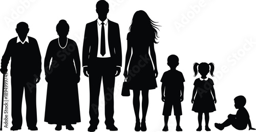 Large multigenerational family silhouette including grandparents, parents, children, and toddler, vector illustration of extended family standing together, isolated on white background