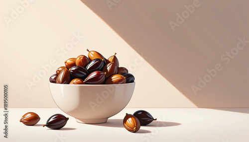 A clean minimalist poster scene featuring one plate of dates 
