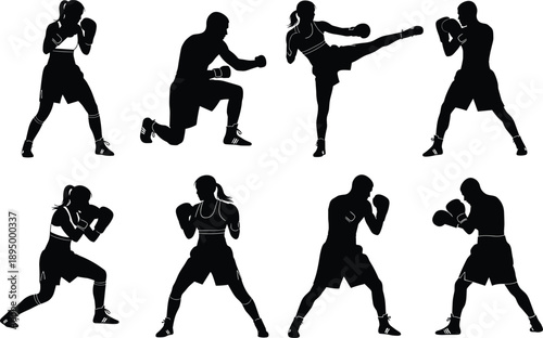 Male and female boxers and kickboxers silhouettes set, featuring athletes punching, kicking, and sparring in combat sports poses, perfect for gym and fitness designs, 2026.