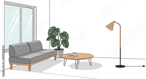 Cozy living room interior with a comfortable gray sofa, wooden coffee table, floor lamp, and houseplant in a bright studio