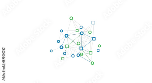 Abstract network connection showing data points and links with geometric nodes in blue and green on an isolated white background