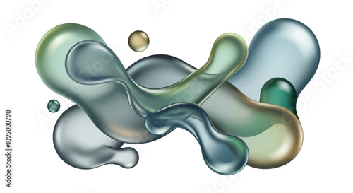 Dynamic 3D render of organic fluid abstract shapes in metallic green and grey colors on an isolated white background