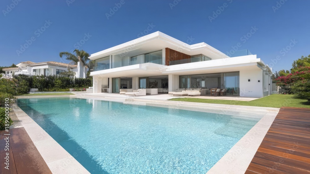 Fototapeta premium Modern white villa with glass walls, a long swimming pool, and a wooden deck under a clear blue sky. Concept Glass-walled modern villa, Long swimming pool with wooden deck, Serene blue-sky backdrop