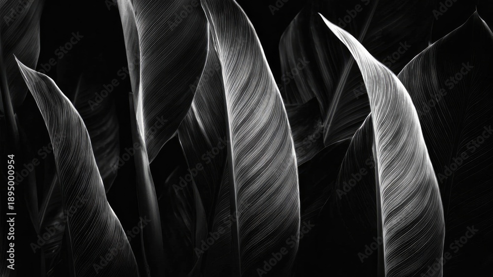 Fototapeta premium Close-up black-and-white of large tropical leaves with prominent vein patterns and graceful curved edges. Concept Black-and-white tropical leaves, Close-up botanical, Prominent vein patterns