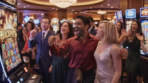 Excited Man Wins Jackpot at Casino with Friends and Celebrates.