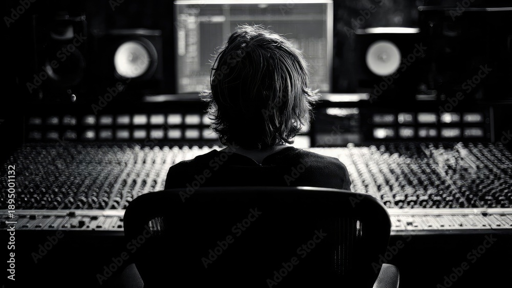 Fototapeta premium Back view of a person with shaggy hair in a recording studio, sitting at a large mixing console and computer screen. Concept Back view, recording studio, large mixing console, computer screen