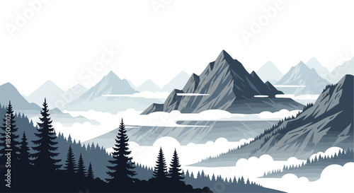 Majestic mountain range with a dense pine forest and misty clouds, creating a serene landscape.