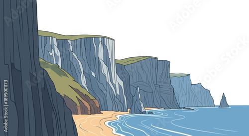 Rugged coastline with towering cliffs, a serene sandy beach, and calm blue ocean water.