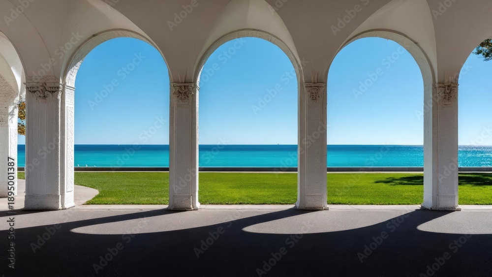Naklejka premium White arched colonnade overlooking a green lawn and turquoise sea under a clear blue sky. Concept White arched colonnade, Lush green lawn, Turquoise sea, Clear blue sky