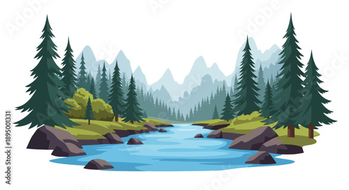 Serene natural landscape with a peaceful river flowing through a lush pine forest and majestic mountains in the background, outdoors.