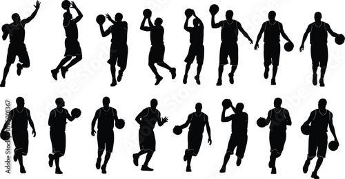 Set of professional basketball player silhouettes featuring athletes dribbling, shooting, and dunking in various action poses for sports competition vector design elements.