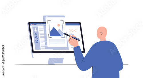 Vector illustration of a man working on a computer with a graphics tablet