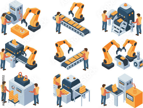 Isometric smart factory automation illustration set with industrial robots workers conveyor belts machines and modern manufacturing production processes technology