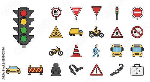 Collection of traffic signs and vehicles for road safety.