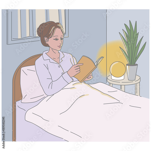暖かみのあるライトをつけ、ベッドの上で書籍を読む女性のイラスト