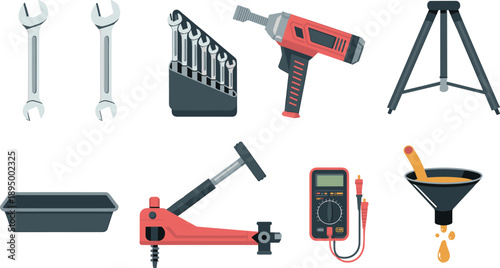 Mechanical tools illustration set featuring wrench drill jack tripod multimeter funnel toolbox flat vector isolated white background design style icons