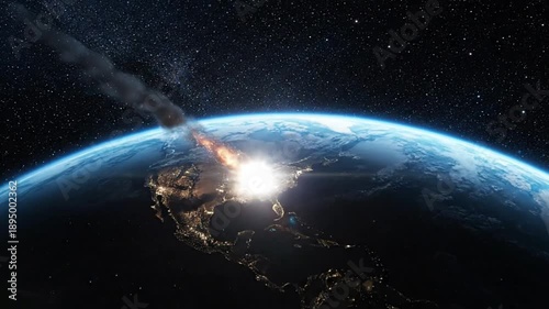 Dramatic asteroid impact simulation, showing a fiery object entering Earth's atmosphere and exploding over North America with city lights visible.