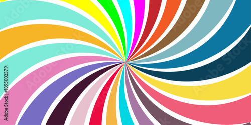 Abstract colorful rainbow background featuring a vibrant sunburst pattern with retro swirl lines and a vintage grunge texture for a creative vector wallpaper design