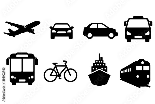 Collection of various transportation icons including airplane, cars, bus, bike, ship and train Vector