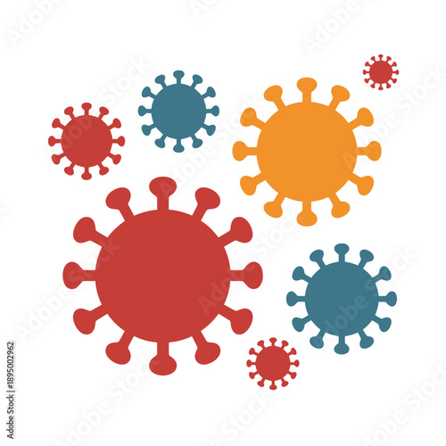 Colorful illustration of virus cells in red, blue, and orange on white background