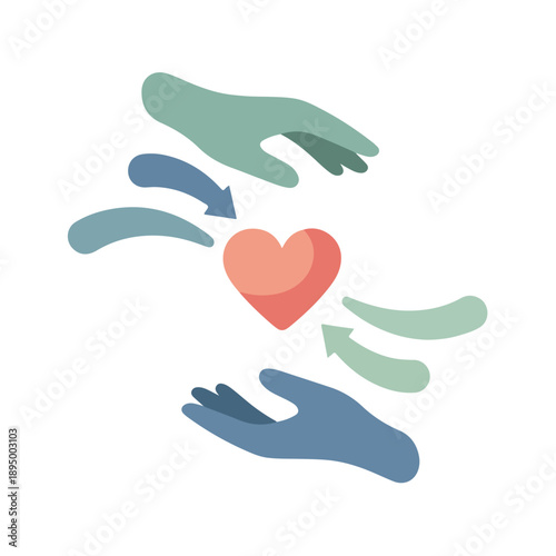 Two hands extending towards a heart with arrows, symbolizing care and donation on a white background.