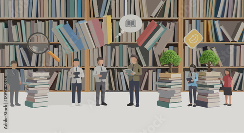 Celebrating World Book Day Diverse individuals engaging with vast collections of books and digital resources in a bustling library setting, symbolizing education, knowledge, and shared learning