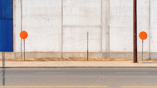 Urban street scene white concrete wall with vertical panels; blue door left, orange circular signs and curb