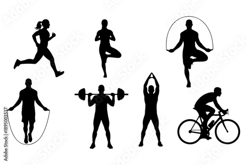 Silhouettes of people engaged in various fitness activities Vector