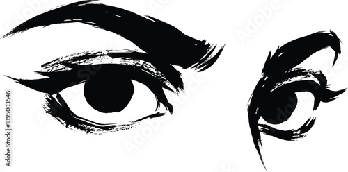 Artistic Black Ink Brush Stroke Illustration of Beautiful Female Eyes with Dramatic Eyeliner and Bold Eyebrows Isolated on White Background for Fashion and Beauty Design.