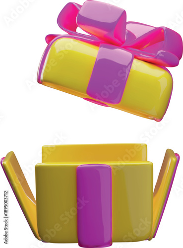 3D open yellow gift box with pink ribbon bow vector icon, realistic festive present surprise unbox package flying lid