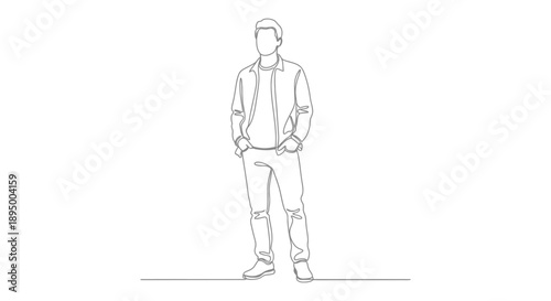 Continuous line drawing of a young man standing with hands in pockets.