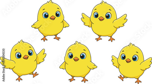 Cute yellow baby chick set in different poses for Easter spring farm animal illustration design