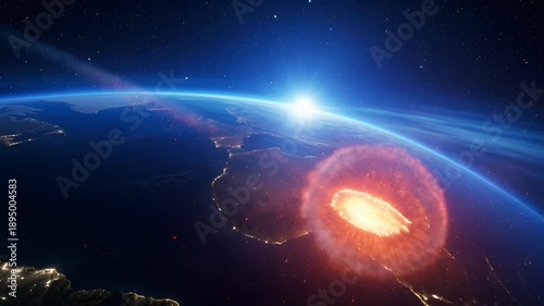 Fiery comet streaks across space towards Earth, leaving a glowing trail as it approaches the planet, highlighting cosmic phenomena and potential threats.