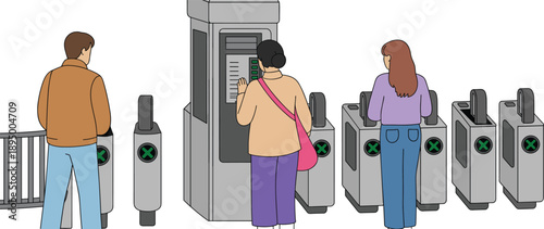 Metro station turnstile illustration showing passengers validating tickets at automated gate entry system for public transportation access control concept vector
