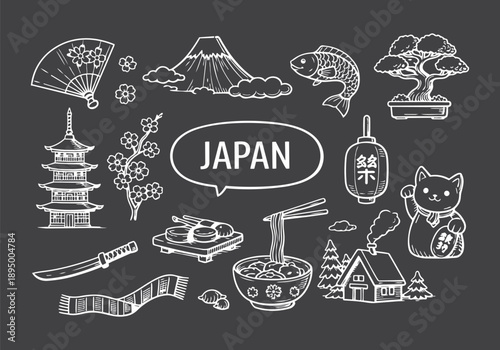 Hand-drawn Japanese Cultural Icons and Travel Elements